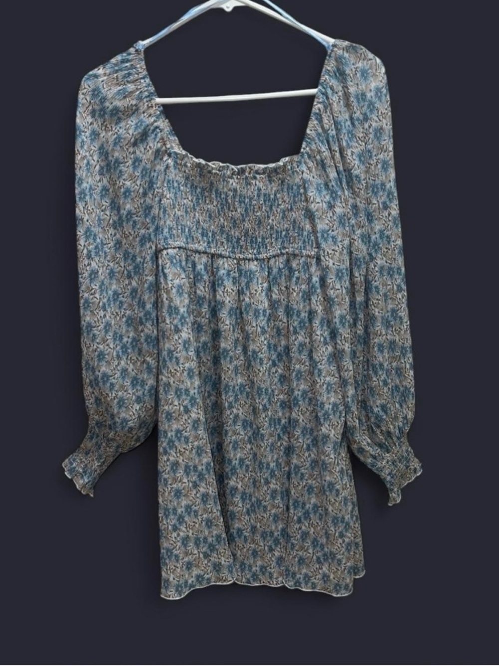 Boho Smocked Square-Neck Blue Floral Midi Dress